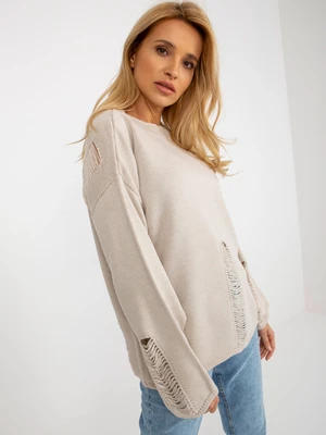 Beige women's oversize sweater with holes with wool