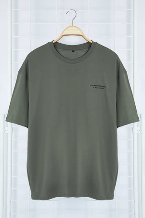 Trendyol Khaki Oversize/Wide Cut Text Printed Short Sleeve 100% Cotton T-Shirt