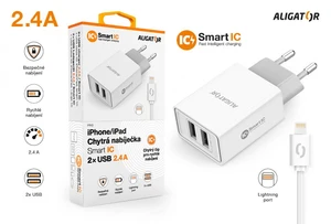 Chytrá síťová nabíječka ALIGATOR 2.4A, 2xUSB, smart IC, kabel pro iPhone/iPad 2A, bílá