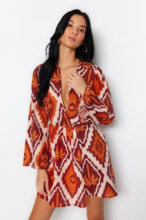 Trendyol Tropical Pattern Mini Woven 100% Cotton Beach Dress