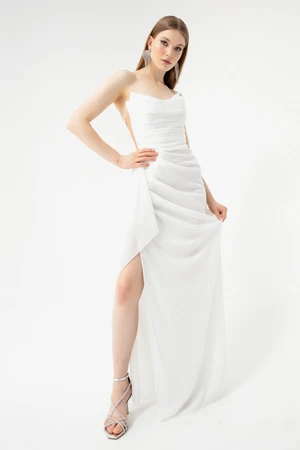 Lafaba Women's White Bust Draped Glittery Slit Evening Dress.