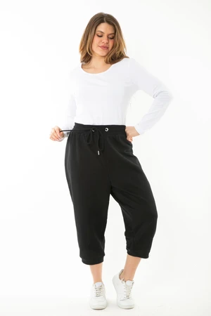 Şans Women's Plus Size Black Waist Eyelets Lace-Up And Elastic Tracksuit Bottom Capri