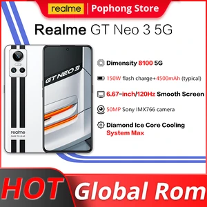 Global Rom Realme GT Neo 3 12GB 256GB 5G MobilePhone 6.7 inch 120Hz Display Dimensity 8100 5G Ocat Core 80W/150W FastCharge