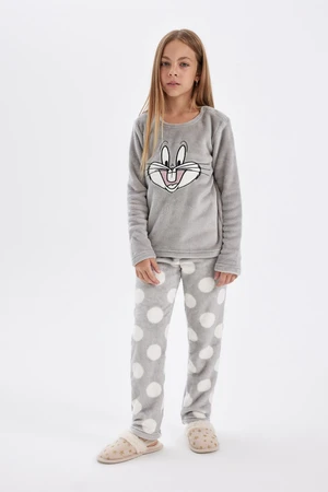 DEFACTO Girls Looney Tunes Regular Fit Long Sleeve Top Long Bottom Plush Pajama Set