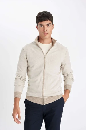 DEFACTO Beige Standard Fit Regular Cut Stand Collar Zippered Knitwear Cardigan