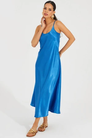 Cool & Sexy Women's Indigo Satin Strap Midi Dress