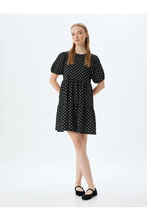 Koton Balloon Sleeve Dress Mini Polka Dot Folded Crew Neck