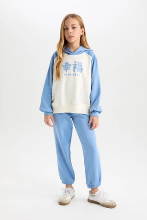 DEFACTO Girl 2-Piece Set Hooded Printed Sweatshirt Elastic Waist Tracksuit Bottoms