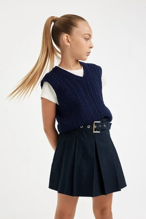 DEFACTO Girl's Navy Blue Standard Fit V-Neck Knitted Patterned Sweater