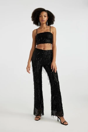 DEFACTO Flayer Fit Flared Leg Normal Waist Sequined Black Trousers