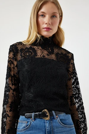 Happiness İstanbul Black High Neck Lace Elegant Blouse