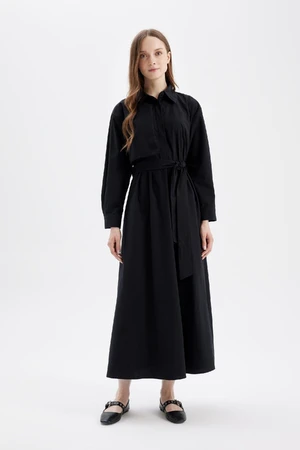 DEFACTO Shirt Collar Basic Plain Button Closure Belted Poplin Long Sleeve Maxi Black Dress