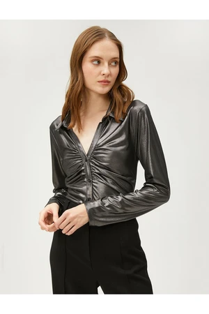 Koton Silvery Metallic Shirt Draped Buttoned Long Sleeve