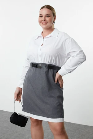 Trendyol Curve Anthracite-White Belted Shirt-Skirt Plus Size Woven Dress