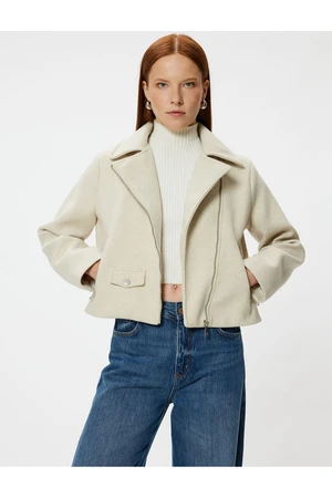 Koton Soft Texture Short Biker Jacket with Zippered Pockets