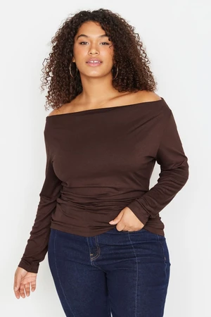 Trendyol Curve Brown Carmen/Madonna Collar Knitted Blouse