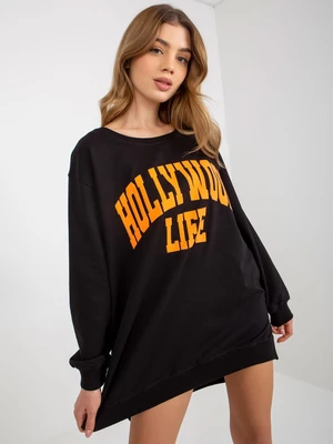 Black-orange oversized long sweatshirt with slogan