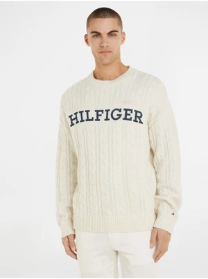 Men's Cream Wool Sweater Tommy Hilfiger Cable Monotype Crew Neck - Men's