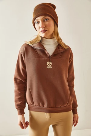 XHAN Tan Stand Collar Zippered & Raised Sweatshirt