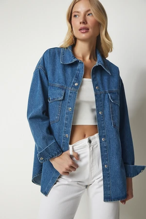 Happiness İstanbul Women's Blue Oversized Denim Jacket with Pocket