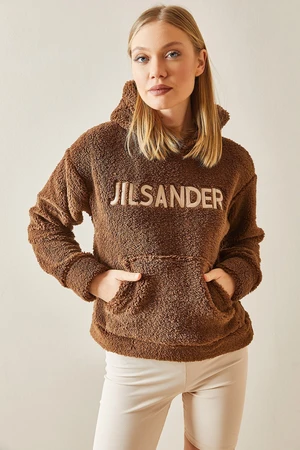 XHAN Brown Kangaroo Pocket & Hooded Plush Sweatshirt