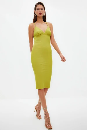 Trendyol Oil Green Fitted Knitted Evening Dress