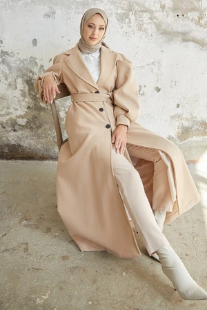 InStyle Diana Balloon Sleeve Belted Cashmere Coat - Beige