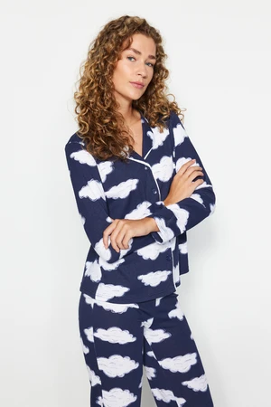 Trendyol Navy Blue 100% Cotton Shirt-Pants Knitted Pajamas Set