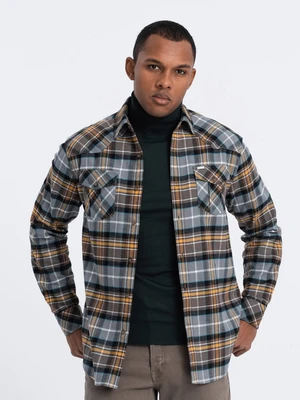 Ombre Men's checkered flannel shirt with pockets - gray-yellow