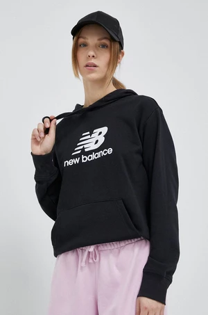 Mikina New Balance dámská, černá barva, s kapucí, vzorovaná