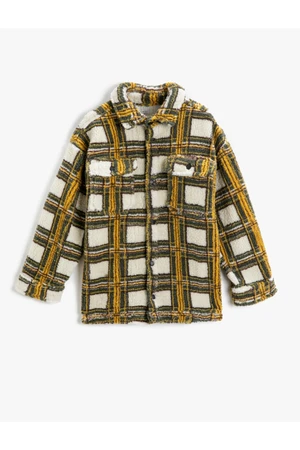 Koton Checkered Plush Coat Shirt Collar Double Pockets