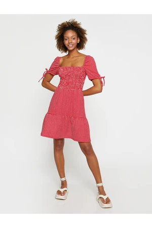 Koton Checkered Dress Square Collar Gippe Balloon Sleeves