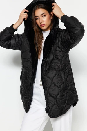 Trendyol Black Hooded Reversible Wearable Plush Quilted Inflatable Coat