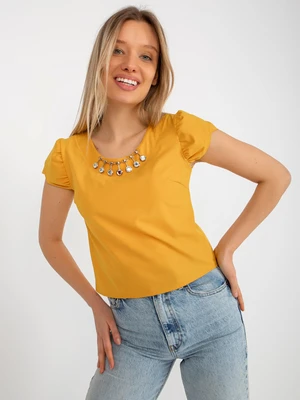 Dark yellow formal blouse with application and short sleeves