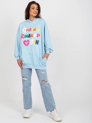 Light blue long sweatshirt with inscriptions and hood