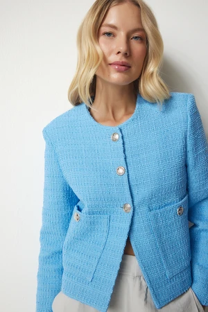 Happiness İstanbul Women's Sky Blue Buttoned Tweed Jacket