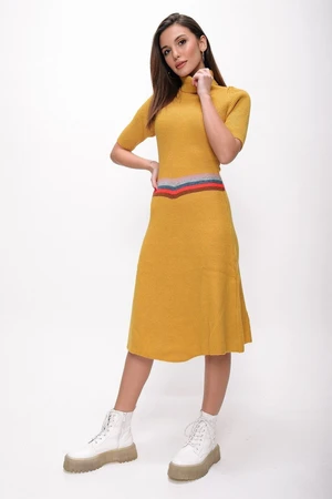 By Saygı Striped Waist Flared Knitwear Dress Mustard