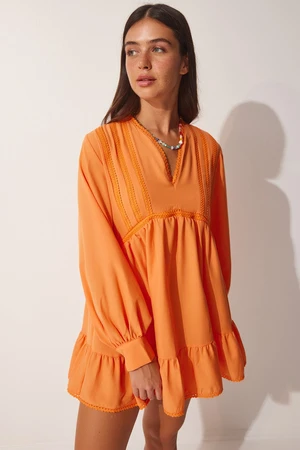 Happiness İstanbul Women's Orange Guipure Detailed Tunic Dress