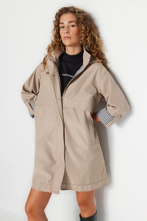 Trendyol Beige Oversized Hooded Striped Lined Raincoat Windbreaker Coat