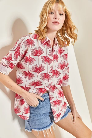 Bianco Lucci Women's Floral Patterned Linen Shirt