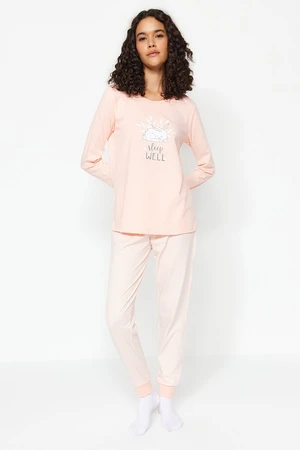 Trendyol Powder 100% Cotton Rabbit Printed Striped Tshirt-Jogger Knitted Pajamas Set