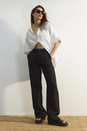 Trendyol Black 100% Linen High Waist Wide Leg Pants