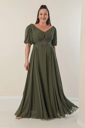 By Saygı Plus Size Long Chiffon Dress With A V-Neck Front Beaded Waist Draped and Lined Front Back