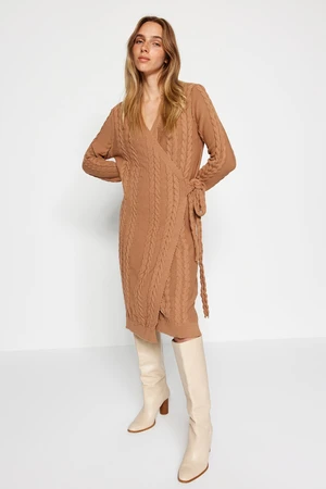 Trendyol Camel Midi Knitwear V-Neck Dress with Braids