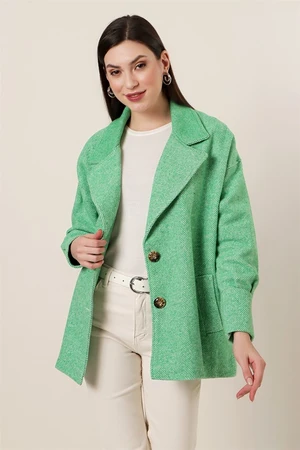 By Saygı Oversize Lined Stamped Jacket with Pockets with Cuff Sleeves, Green