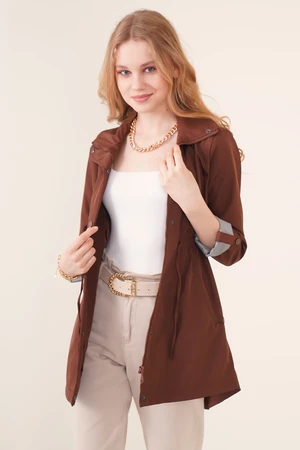 Bigdart 10322 Brown Pocket Detailed Trench Coat with Pleated Waist.