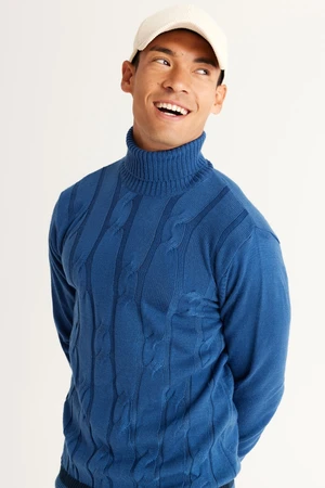 AC&Co / Altınyıldız Classics Men's Aviator Blue Standard Fit Normal Cut Full Turtleneck Jacquard Knitwear Sweater.