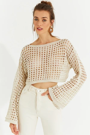 Cool & Sexy Women's Ecru Glittery Openwork Knitwear Short Blouse YV141