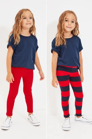 Trendyol Red-Multicolored Striped 2-Pack Girls Knitted Leggings