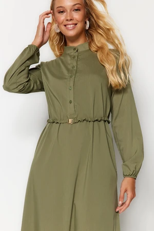 Trendyol Khaki Belted Half Placket High Collar Woven Dress